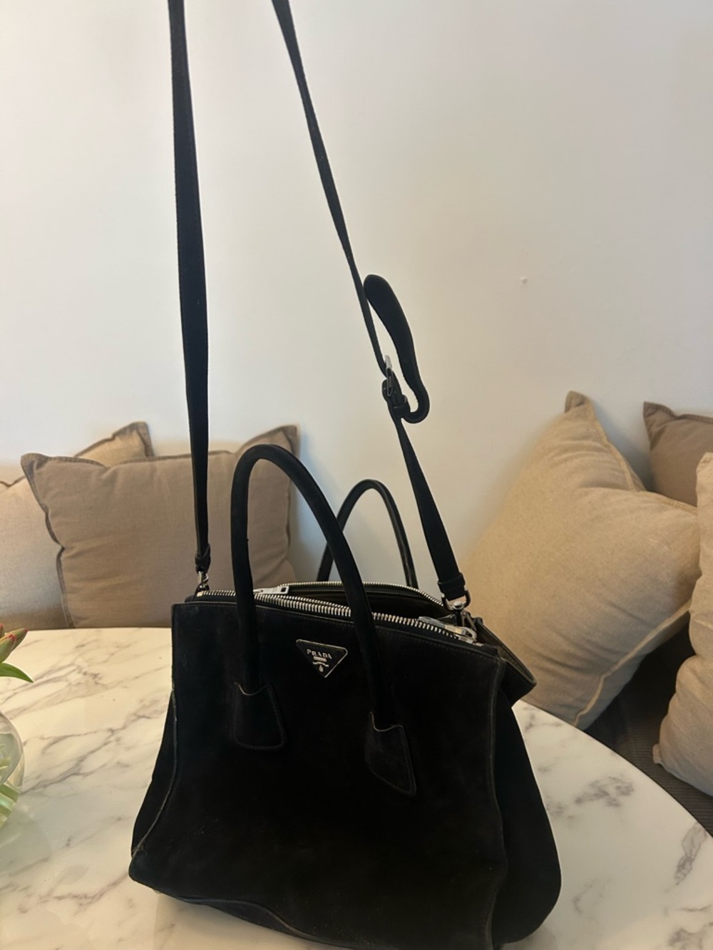 Prada Black Suede Satchel with Top Handles - Picture 2 of 6
